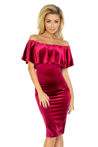 138-3 Púzdrové šaty s odhalenými ramenami a volánom / bordové Obrázok pre 138-3 Púzdrové šaty s odhalenými ramenami a volánom / bordové